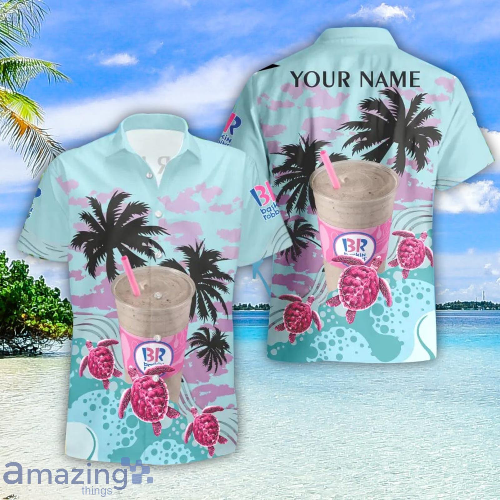 Baskin Robbins Turtles Palm Tree Hawaiian Shirt And Shorts Custom Name Special Summer Gift Product Photo 1