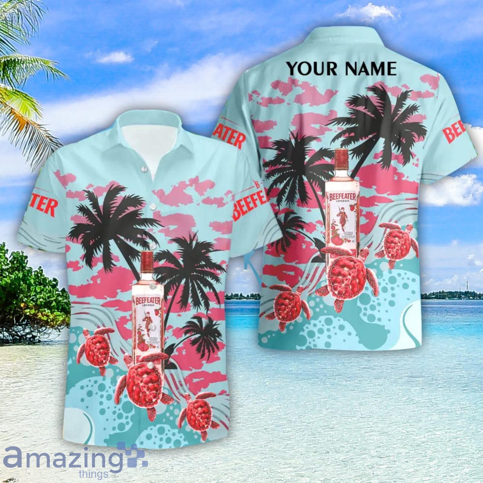 Beefeater Gin Turtles Palm Tree Hawaiian Shirt And Shorts Custom Name Special Summer Gift Product Photo 1