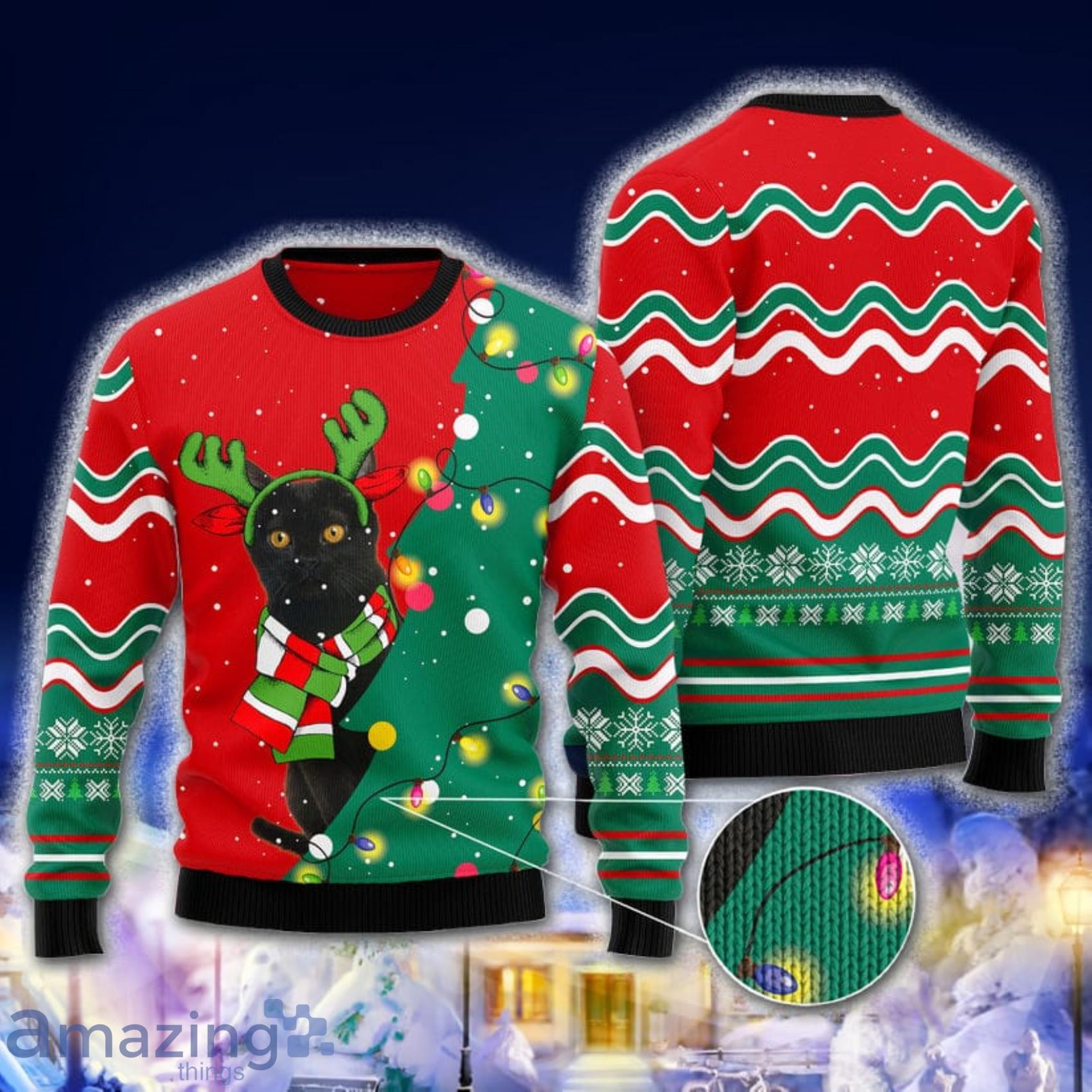 Black Cat Christmas Tree Lovely Red Green Christmas 3D Sweater Product Photo 1