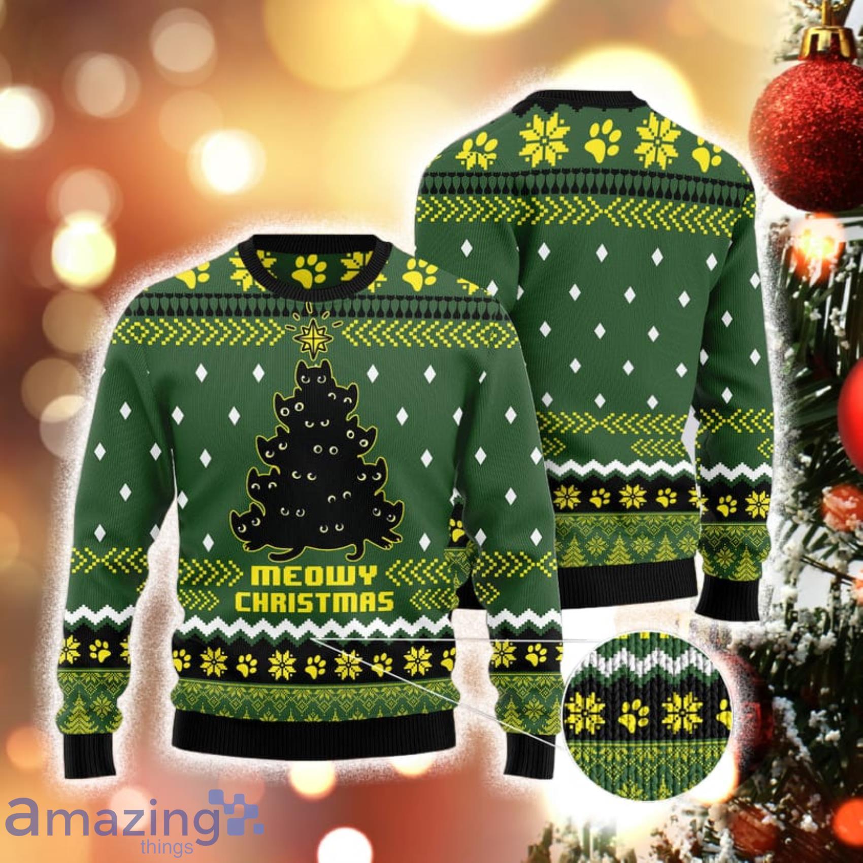 Black Cat Christmas Tree Meowy Christmas Green 3D Sweater Product Photo 1