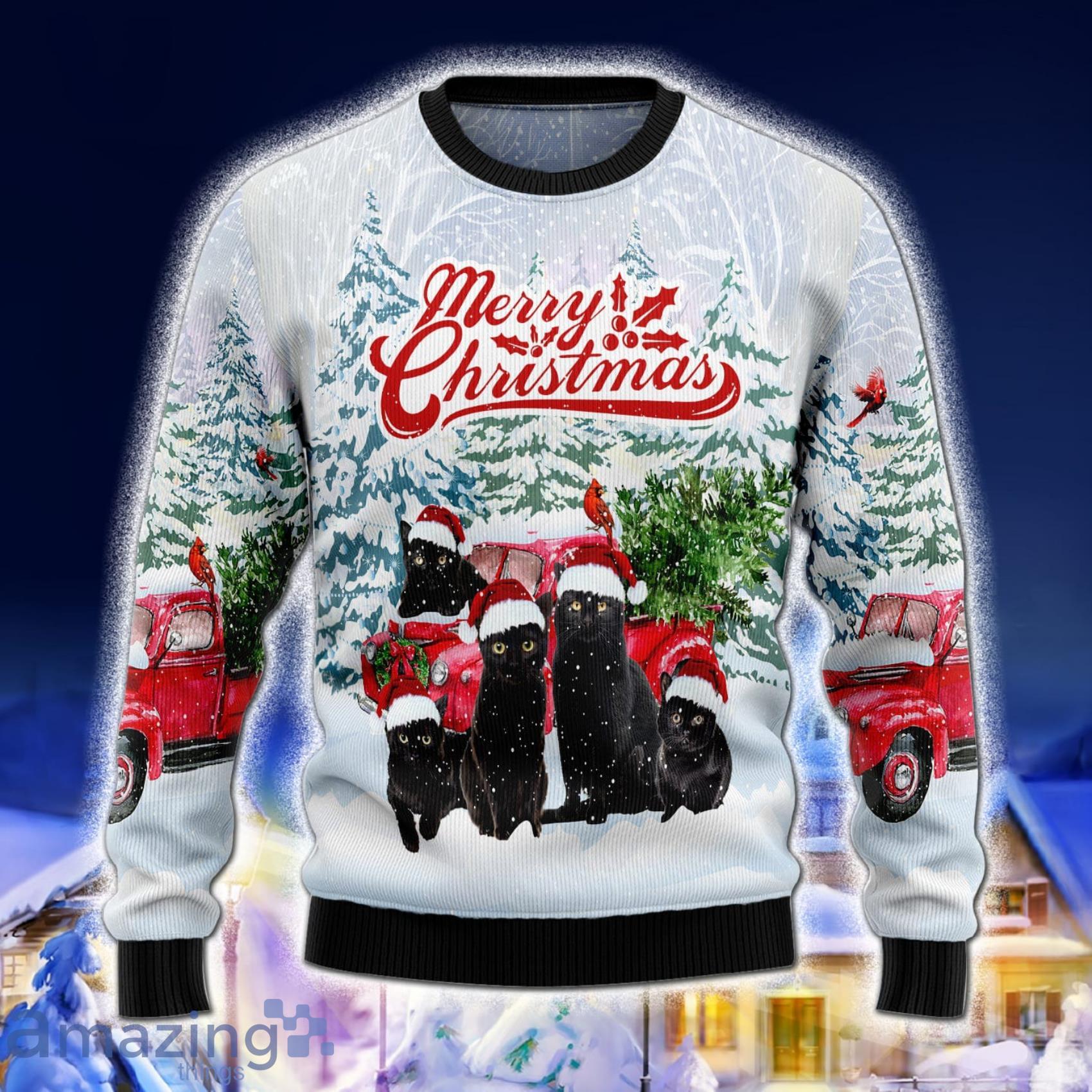 Black Cat Merry Christmas Black Cats And Red Car Winter Forest Christmas 3D Sweater Product Photo 1