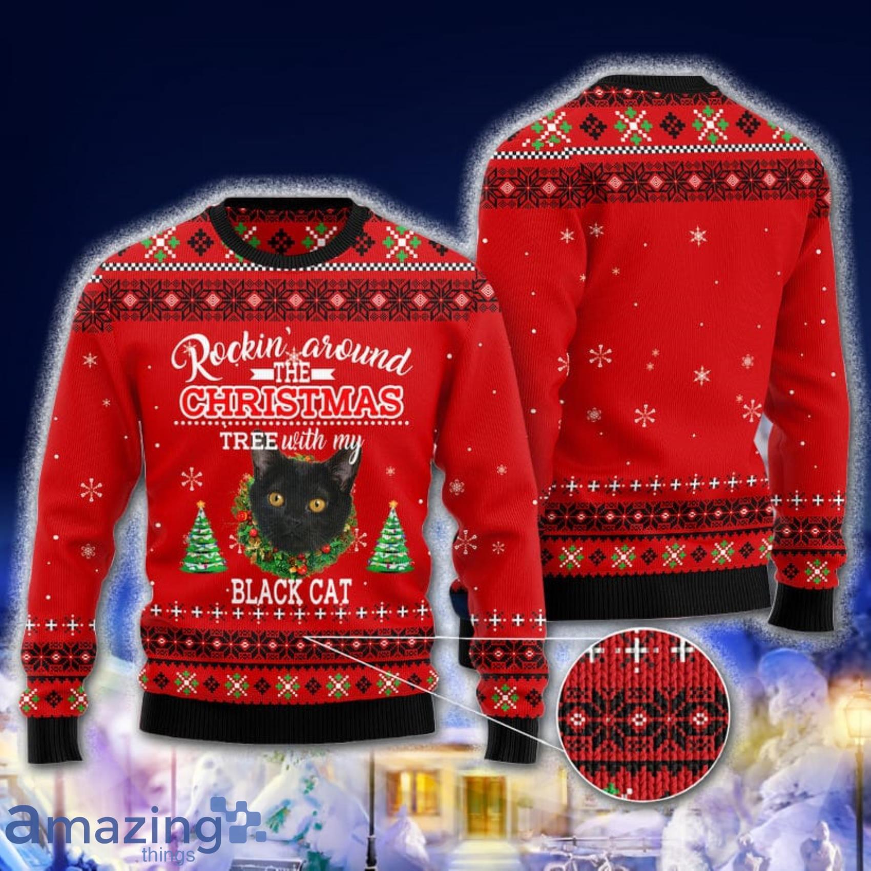 Black Cat Rockin' Around The Christmas Tree With My Black Cat Red Christmas 3D Sweater Product Photo 1