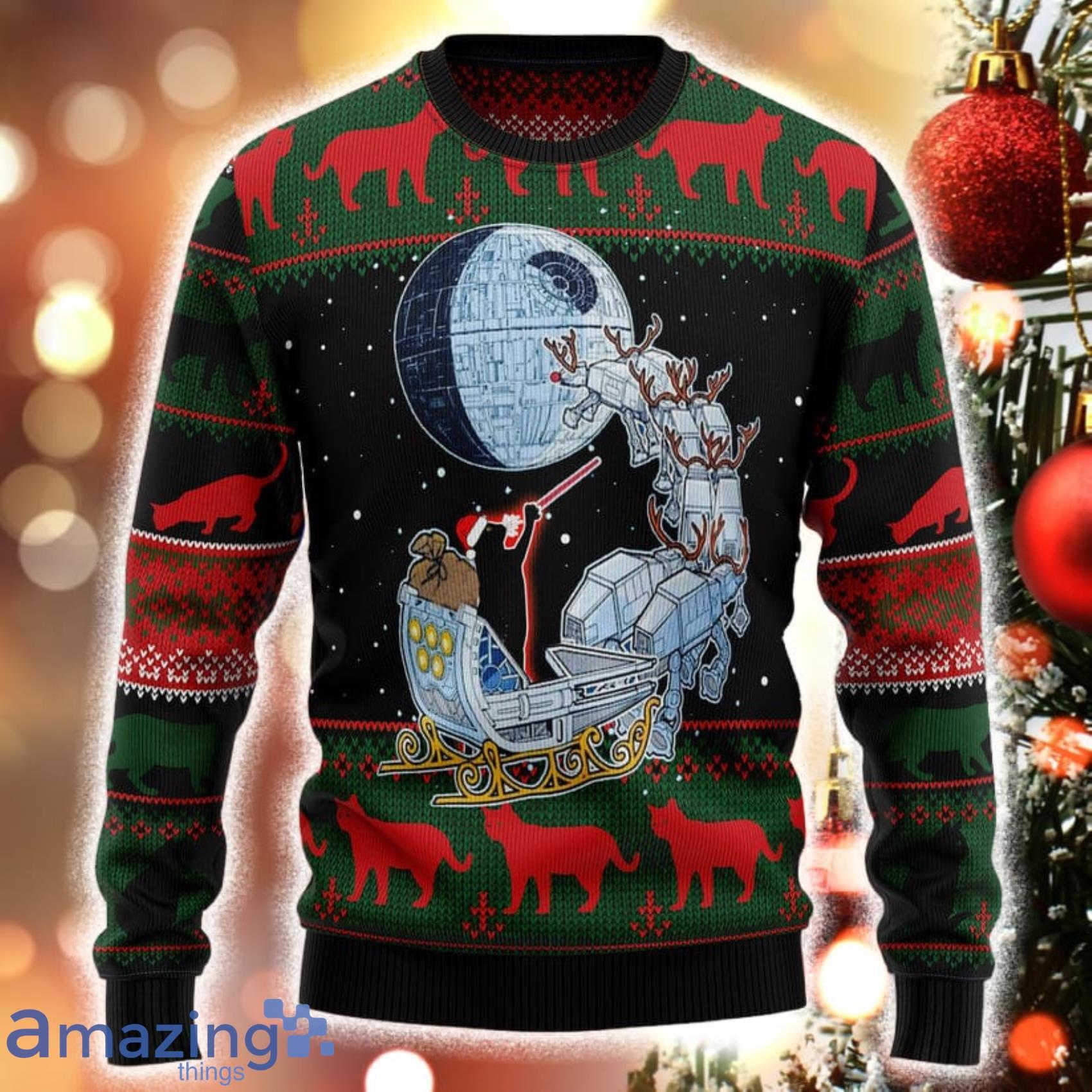 Black Cat Sleigh To Death Star Knitting Pattern Christmas 3D Sweater image Black Cat Sleigh To Death Star Knitting Pattern Christmas 3D Sweater Product Photo 2