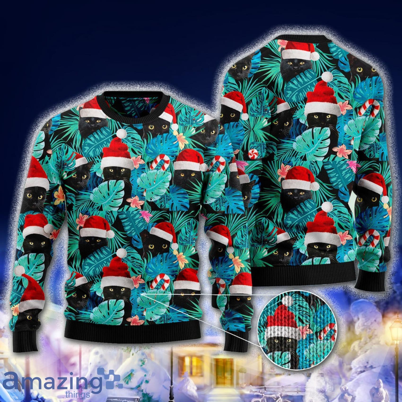 Black Cat With Santa Hat Tropical Pattern Christmas 3D Sweater Product Photo 1
