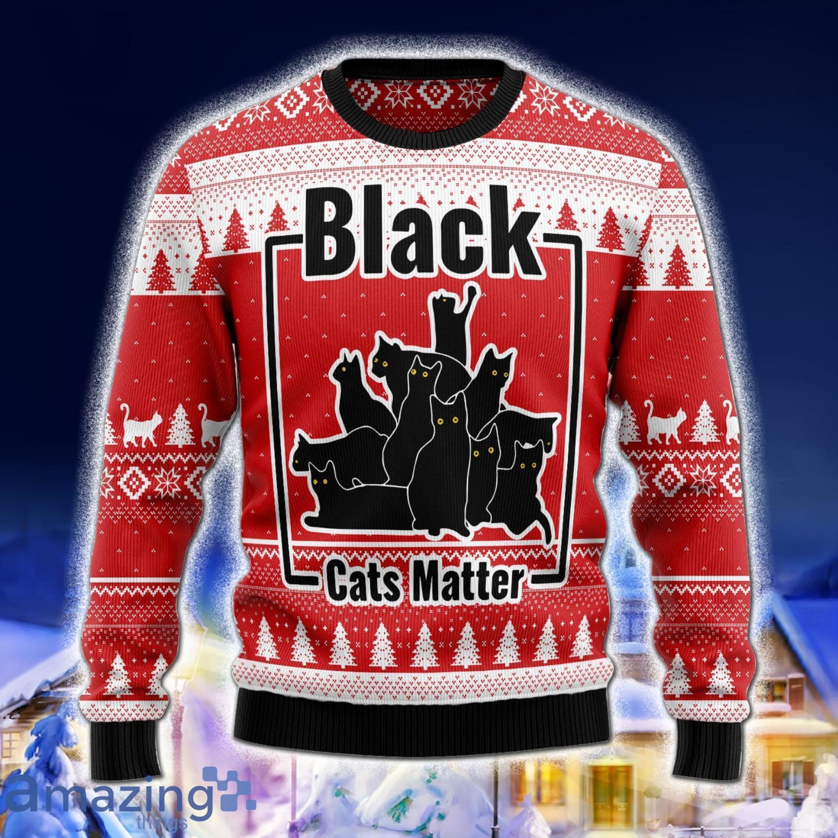 Black Cats Matter Knitting Pattern Red Christmas 3D Sweater Product Photo 1