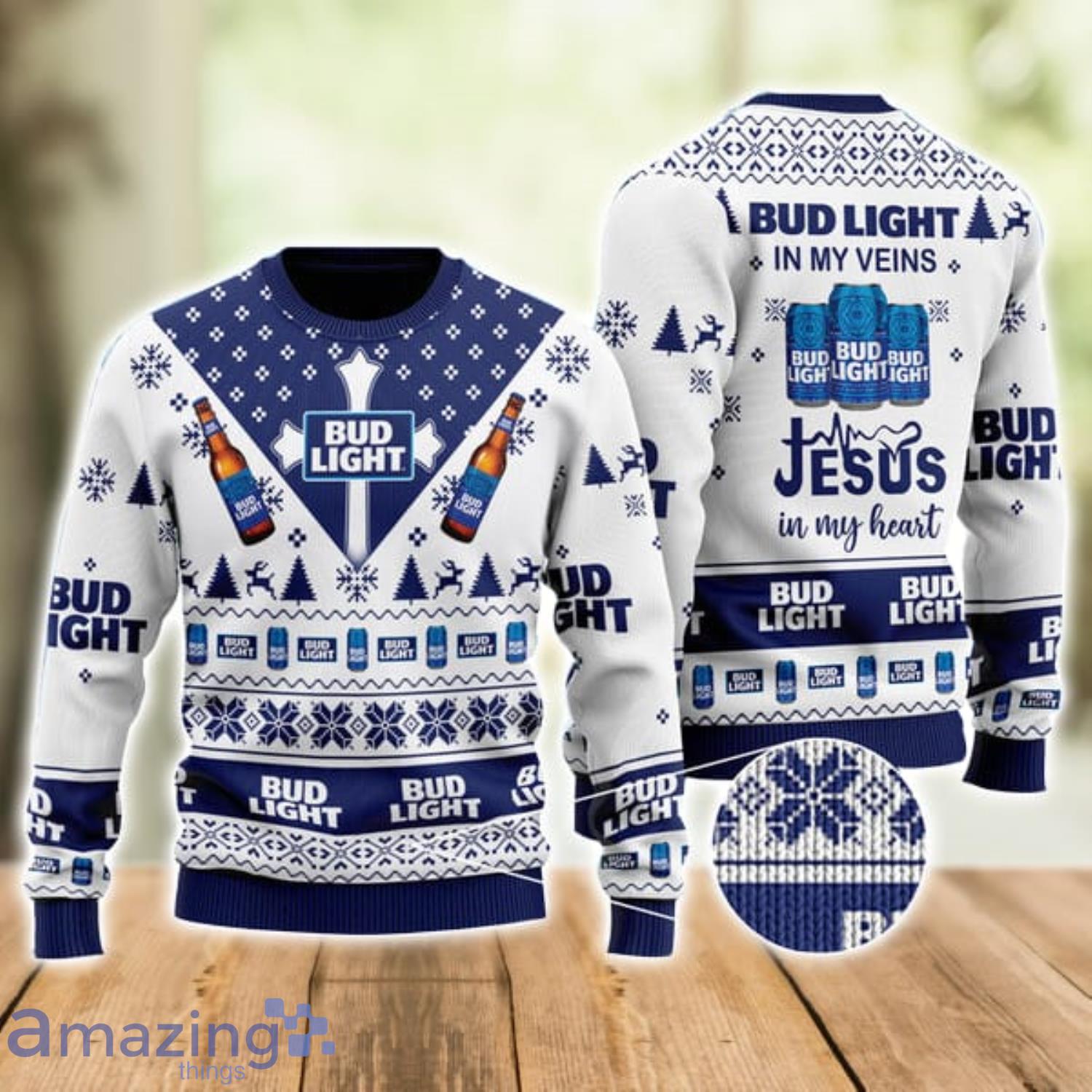 Bud Light In My Veins Jesus In My Heart Ugly Christmas Sweater Xmas Gift Men And Women Christmas Sweater Product Photo 1