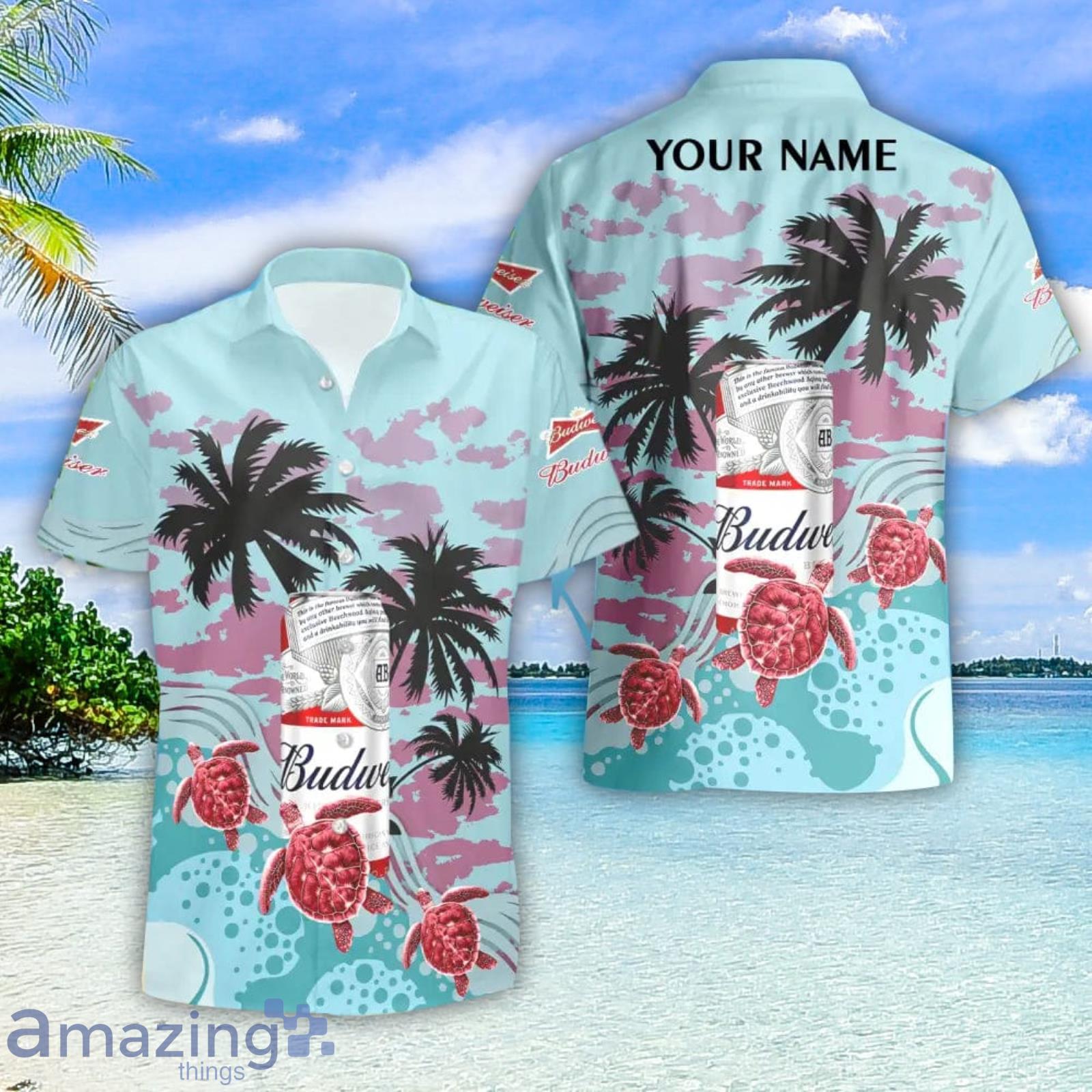 Budweiser Beer Turtles Palm Tree Hawaiian Shirt And Shorts Custom Name Special Summer Gift Product Photo 1