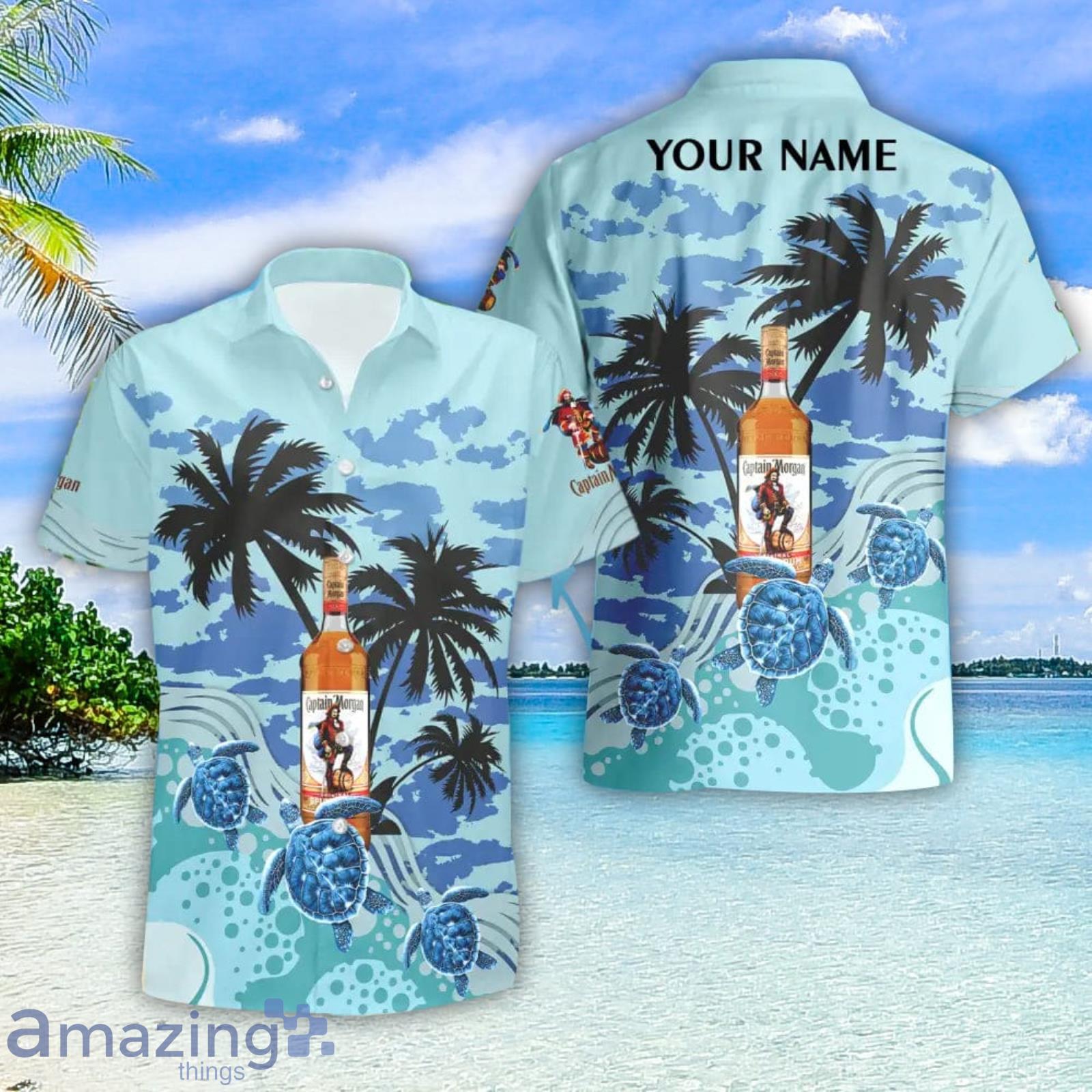 Captain Morgan Turtles Palm Tree Hawaiian Shirt And Shorts Custom Name Special Summer Gift Product Photo 1