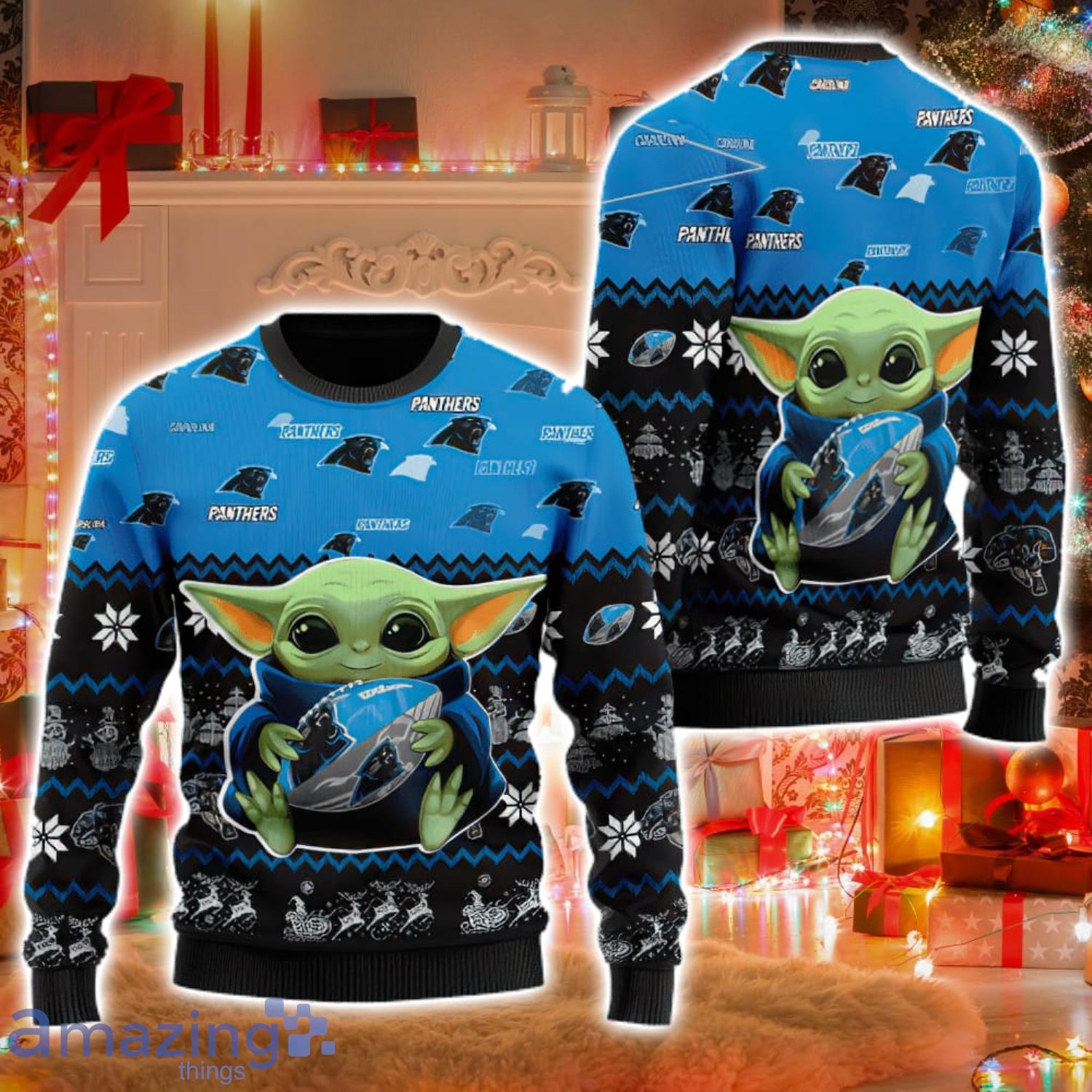 Carolina Panthers Baby Yoda Lover Ugly Christmas Sweater Product Photo 1