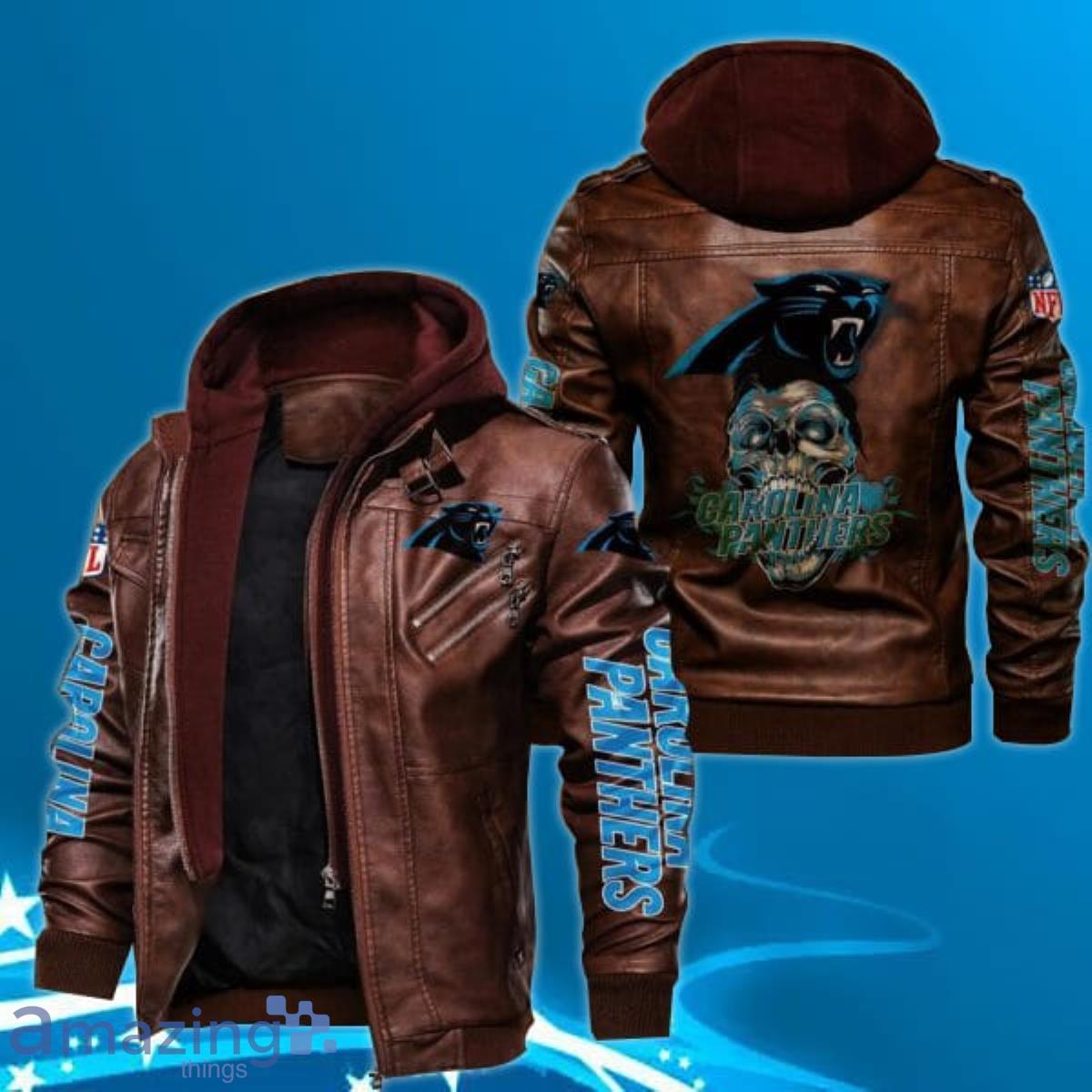 Carolina Panthers Leather Jacket Skulls graphic Gift for fans Product Photo 1 Carolina Panthers Leather Jacket Skulls graphic Gift for fans Product Photo 1