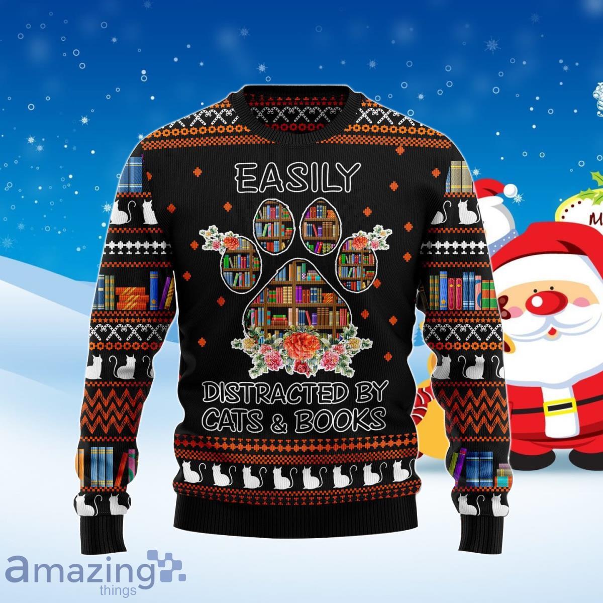 Cat And Books Ugly Christmas Sweater Best Gift For Men And Women Product Photo 1