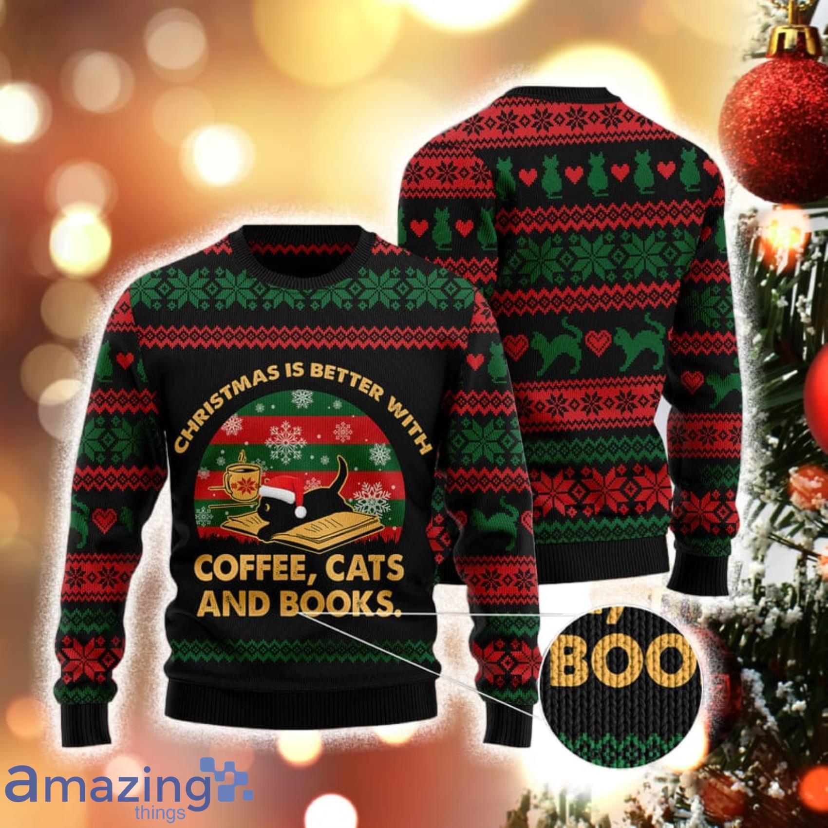 Christmas Better With Coffee ,Cat And Book All Over Print 3D Sweater Product Photo 1