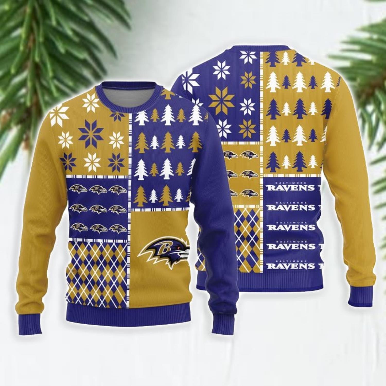 Christmas Gift Baltimore Ravens Logo Christmas Pine Trees Pattern Ugly Christmas Sweater Product Photo 1