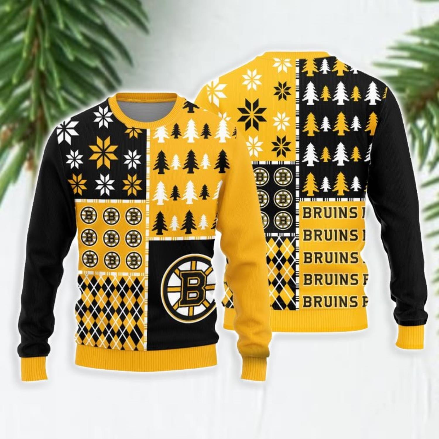 Boston Bruins Ugly Christmas Sweater Ball Pine Tree Christmas