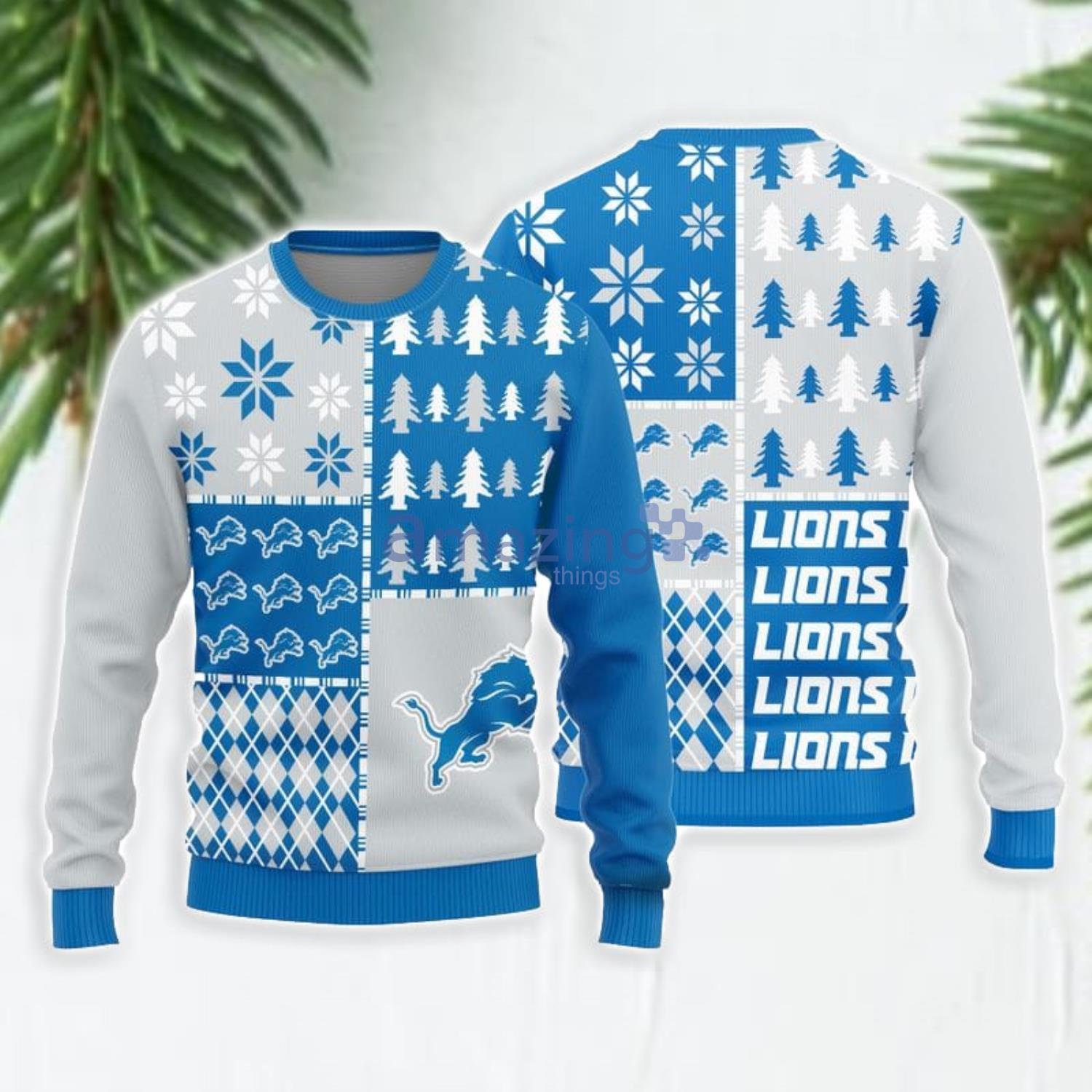 Christmas Gift Detroit Lions Logo Christmas Pine Trees Pattern Ugly  Christmas Sweater