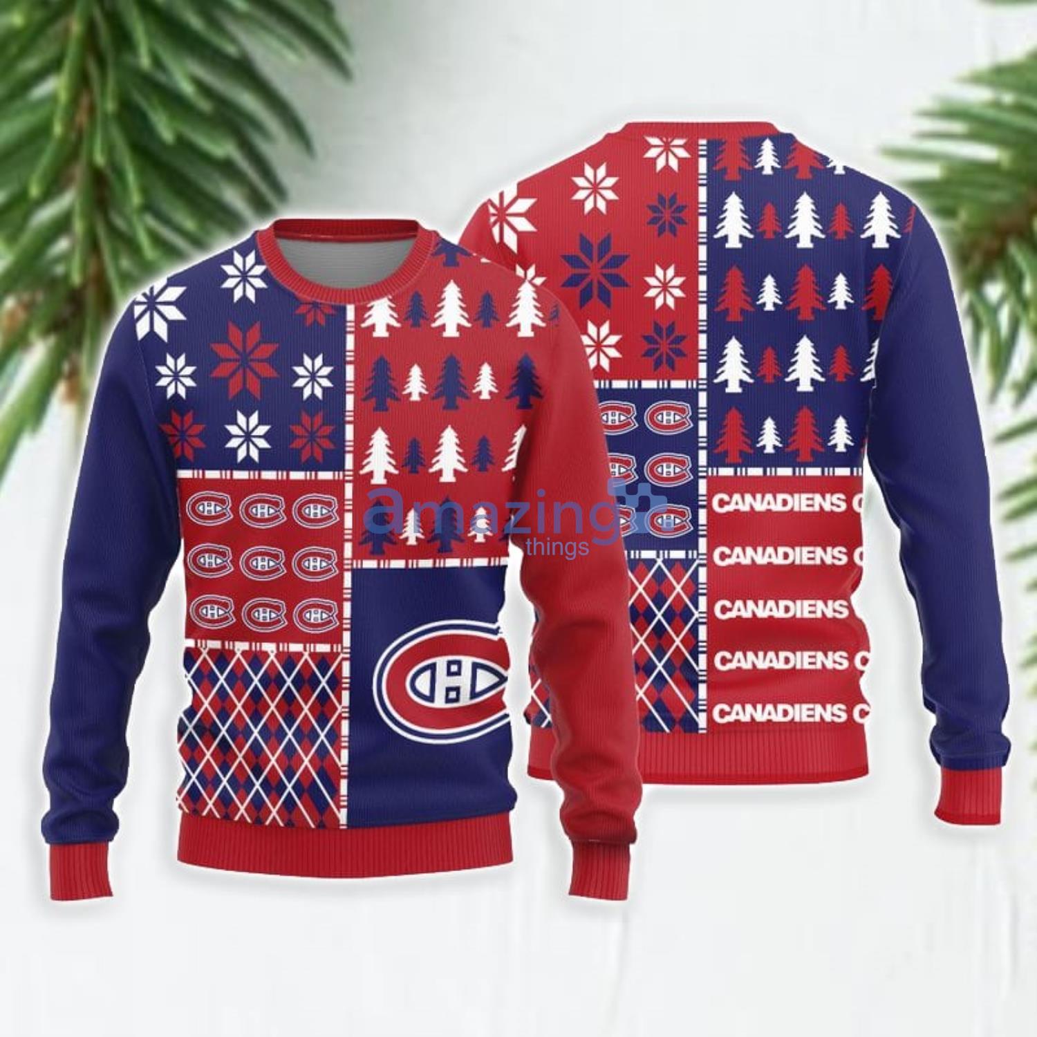 Christmas Gift Montreal Canadiens Logo Christmas Pine Trees Pattern Ugly Christmas Sweater Product Photo 1