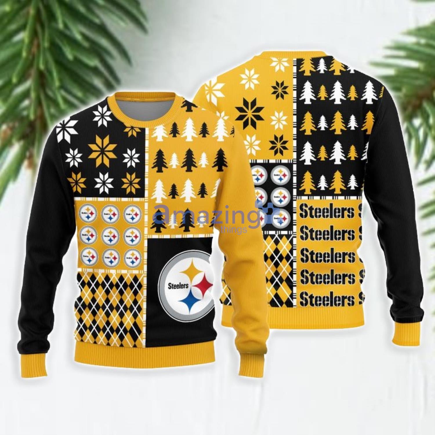 Christmas Gift Pittsburgh Steelers Logo Christmas Pine Trees Pattern Ugly Christmas Sweater Product Photo 1 Christmas Gift Pittsburgh Steelers Logo Christmas Pine Trees Pattern Ugly Christmas Sweater Product Photo 1