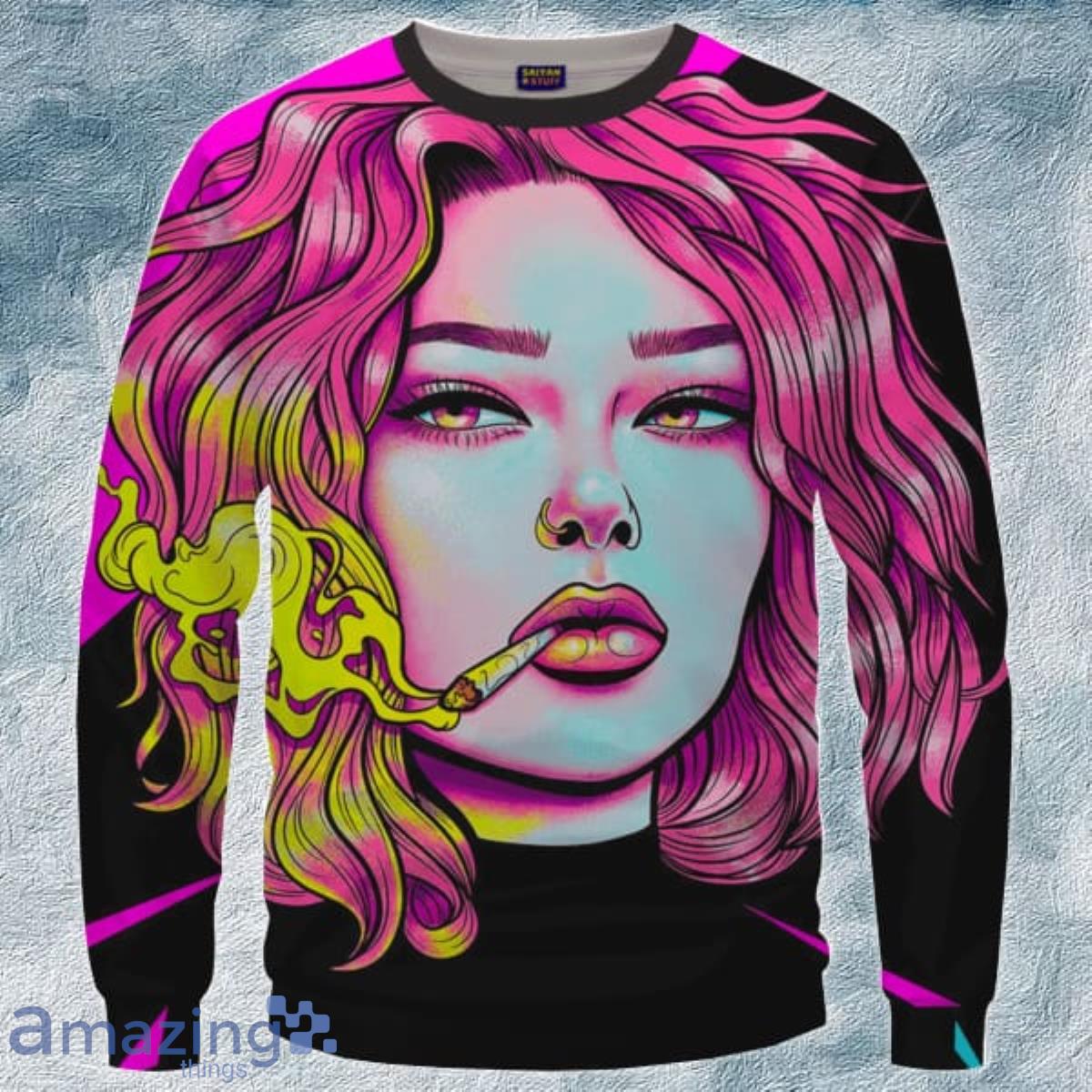 Cute Girl Smoking Joint Vector Art Pink Black Crewneck 3D Sweater Product Photo 1