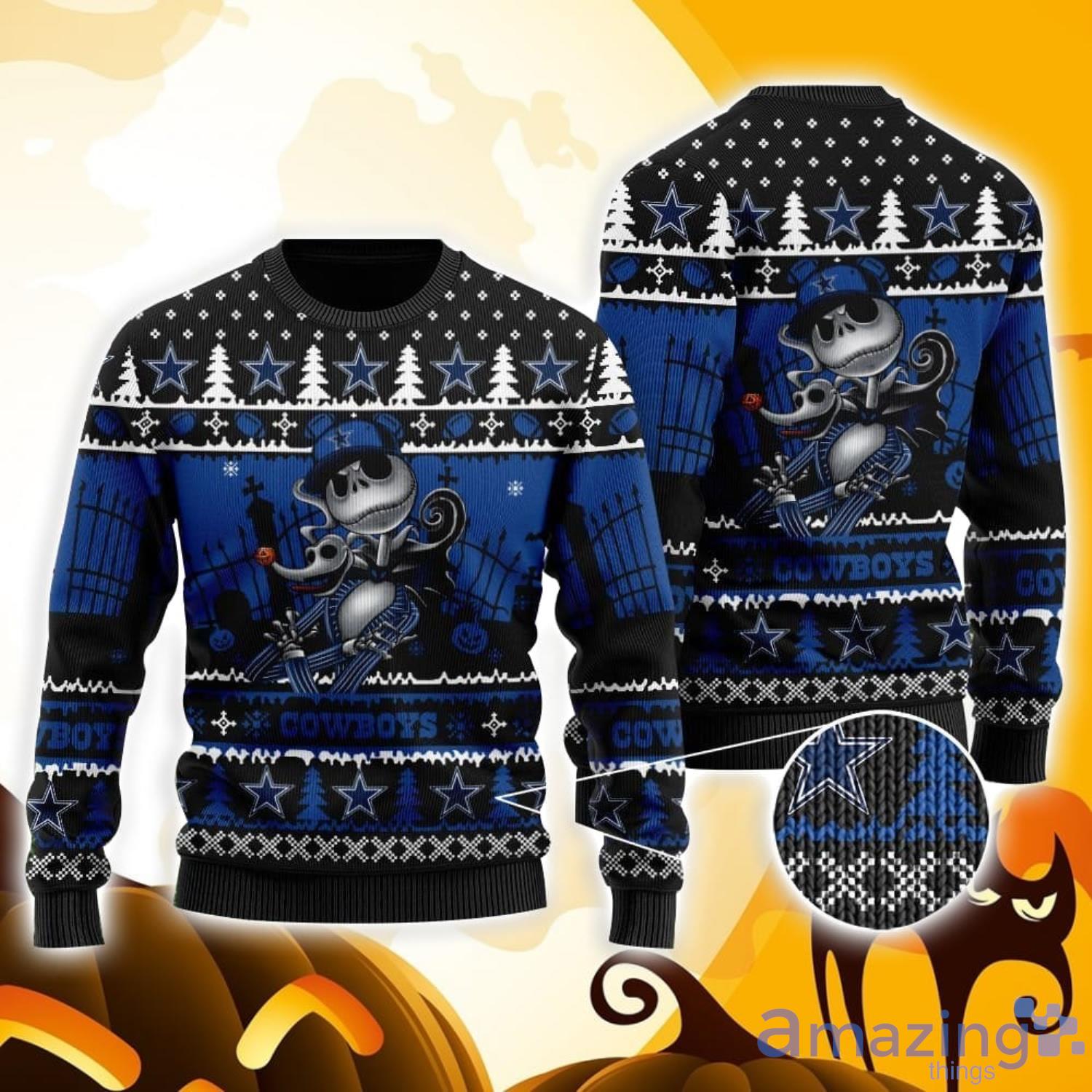 Dallas Cowboys Jack Skellington Halloween Holiday Party Funny Gift 3D Ugly Christmas Sweater Product Photo 1
