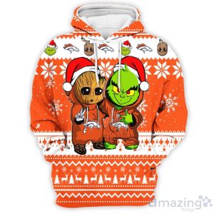 Denver Broncos Baby Groot And Grinch Best Friends 3D Chirstmas Sweater Hoodie Product Photo 2