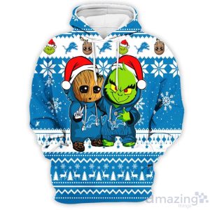 Detroit Lions Baby Groot And Grinch Best Friends 3D Chirstmas Sweater Hoodie Product Photo 2