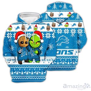 Detroit Lions Baby Groot And Grinch Best Friends 3D Chirstmas Sweater Hoodie Product Photo 1