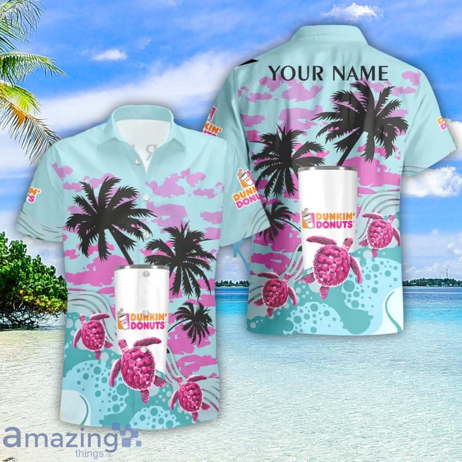 Dunkin Donuts Turtles Palm Tree Hawaiian Shirt And Shorts Custom Name Special Summer Gift image Dunkin Donuts Turtles Palm Tree Hawaiian Shirt And Shorts Custom Name Special Summer Gift Product Photo 2