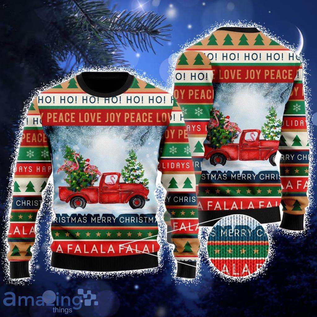 Funny Flamingo With Red Truck Christmas Holiday Ugly Christmas Sweater For Men And Women Product Photo 1