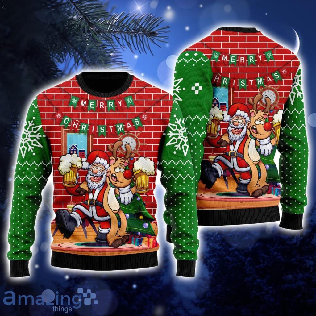 Funny Santa Drink Beer With Reindeer Ugly Christmas Sweater For Men And Women Product Photo 1