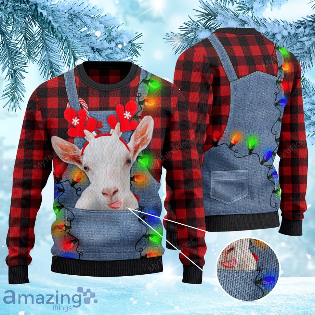 Goat Lovers Red Plaid Shirt And Denim Bib Overalls Ugly Christmas