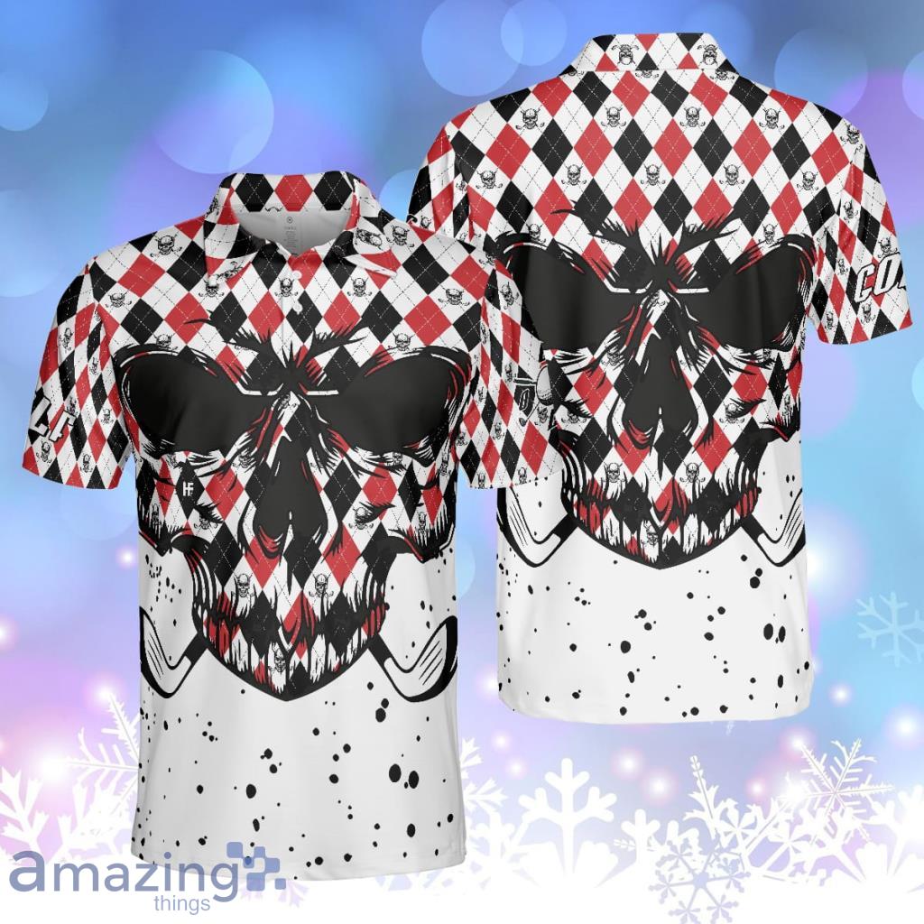 Golf Skull Red Black And White Pattern Polo Shirt, Argyle Pattern Polo Shirt Product Photo 1