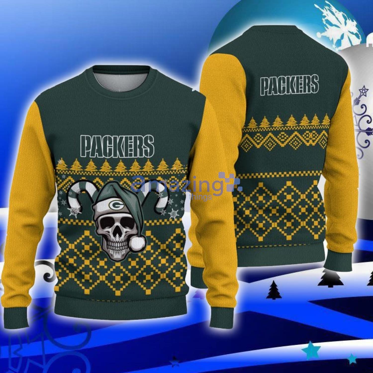 Green Bay Packers Skull Candy Cane Pattern Ugly Christmas Sweater Xmas Gift