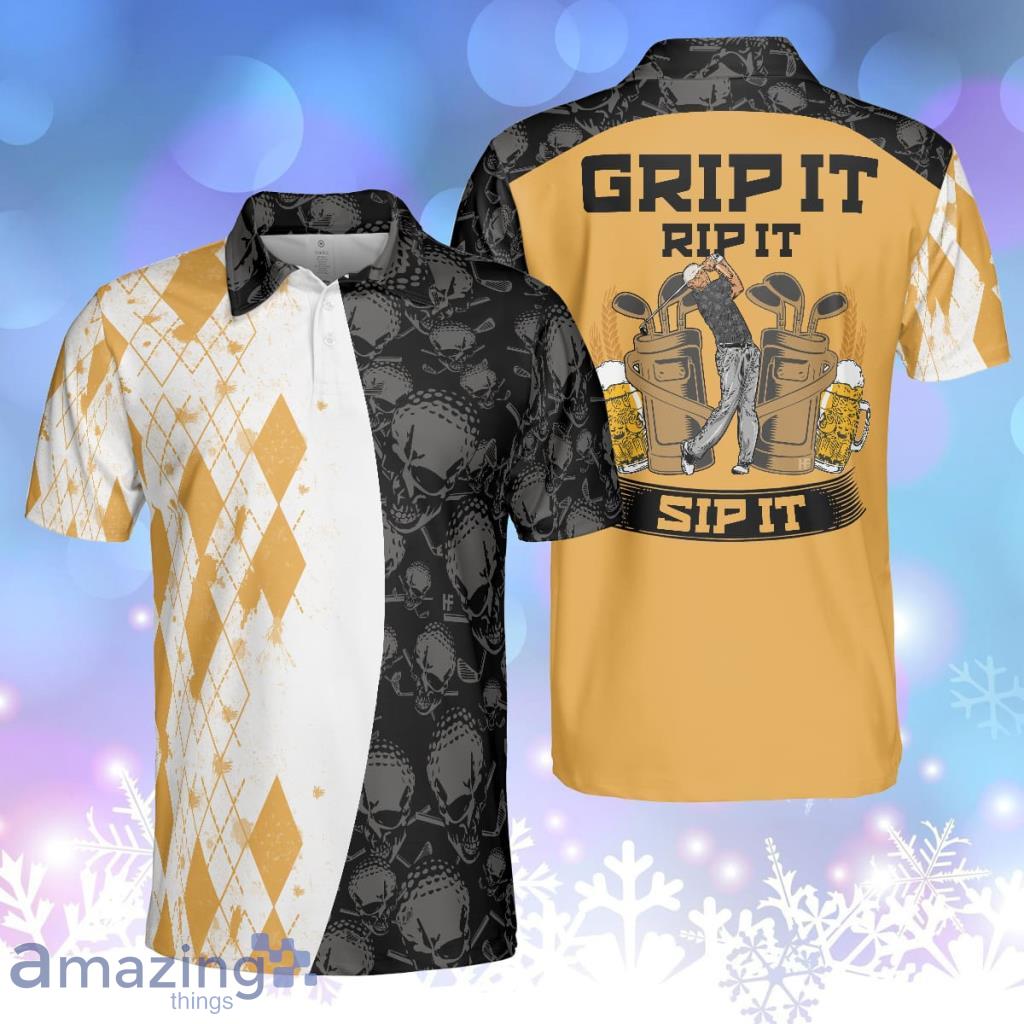 Grip It Rip It Sip It Golf V2 Polo Shirt, Yellow Argyle Pattern Golf Shirt, Skull Design Product Photo 1