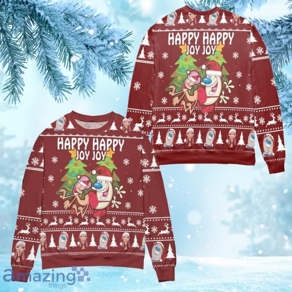 Happy Happy Joy Joy The Ren Stimpy Show Ugly Christmas Sweater - Red Product Photo 1 Happy Happy Joy Joy The Ren Stimpy Show Ugly Christmas Sweater - Red Product Photo 1