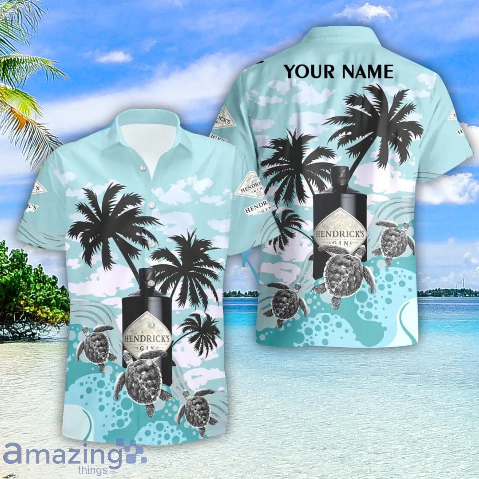 Hendrick's Gin Turtles Palm Tree Hawaiian Shirt And Shorts Custom Name Special Summer Gift image Hendrick's Gin Turtles Palm Tree Hawaiian Shirt And Shorts Custom Name Special Summer Gift