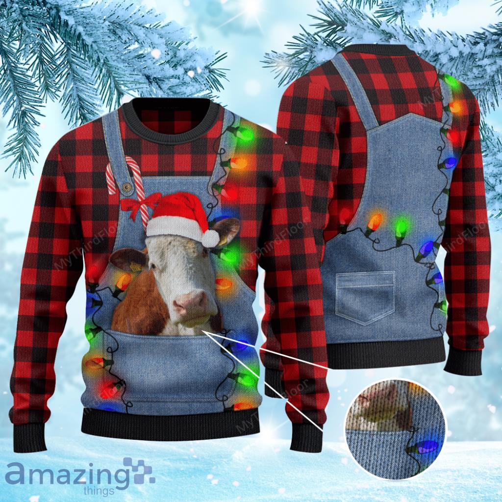 Hereford Cattle Lovers Red Plaid Shirt And Denim Bib Overalls Ugly Christmas Sweater 3D Gift For Men And Women Product Photo 1