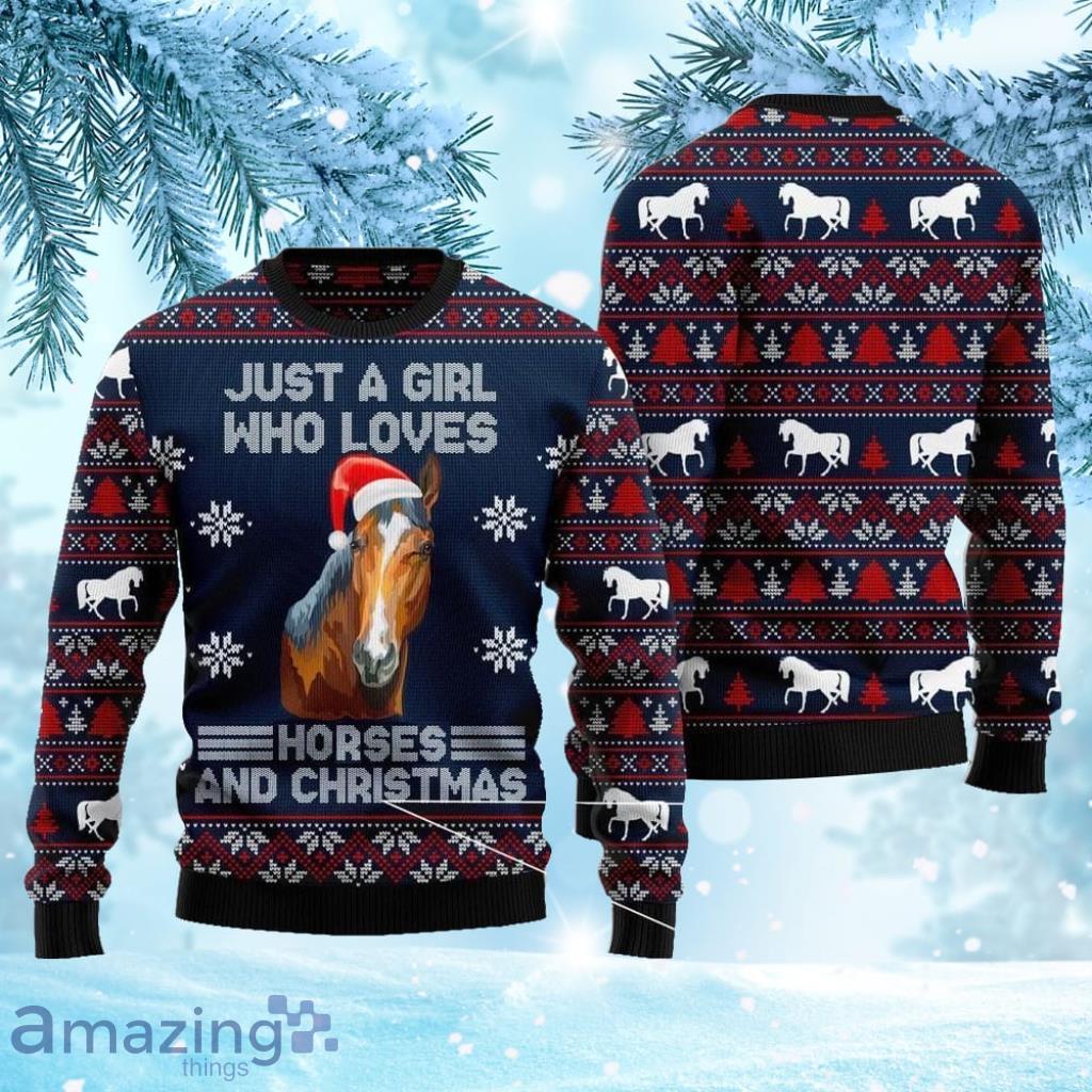 Horse Christmas Ugly Sweater 3D Gift For Men And Women Just A Girl Who Loves Horses And Christmas Black Red Blue Sweatshirt Product Photo 1