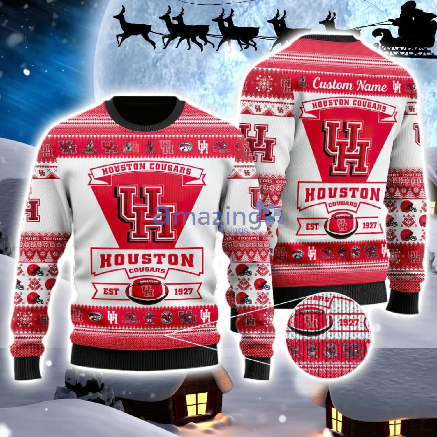 Houston Cougars Logo Custom Name For Football Fans Ugly Christmas Sweater Christmas Gift Product Photo 1 Houston Cougars Logo Custom Name For Football Fans Ugly Christmas Sweater Christmas Gift Product Photo 1