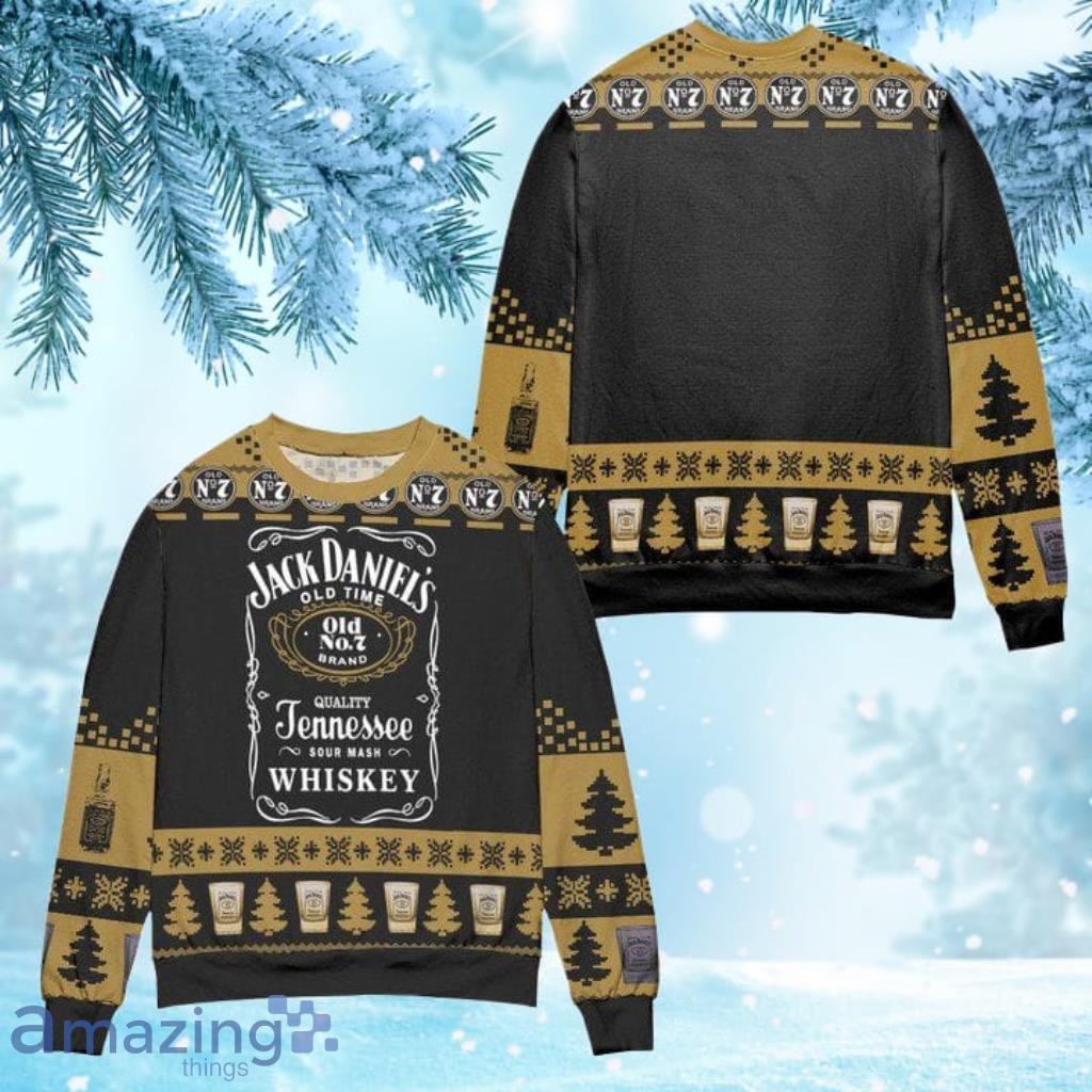 Jack Daniels Sour Mash Whiskey Pine Tree Snowflake Pattern Ugly Christmas Sweater - Black Product Photo 1