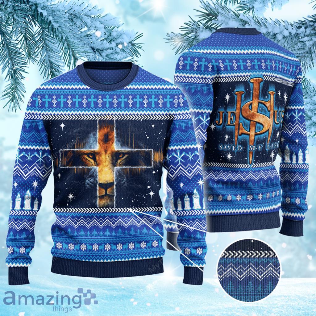 Jesus Saved My Life Lion Cross Ugly Christmas Sweater 3D Gift For Men And Women Product Photo 1