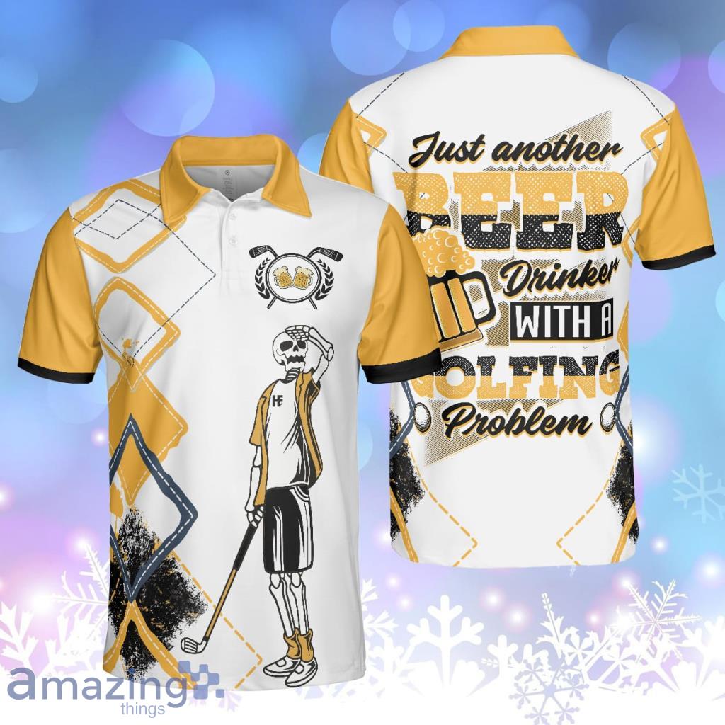 Just Another Beer Drinker With A Golfing Problem Polo Shirt, White And Yellow Argyle Pattern Golf Shirt Product Photo 1
