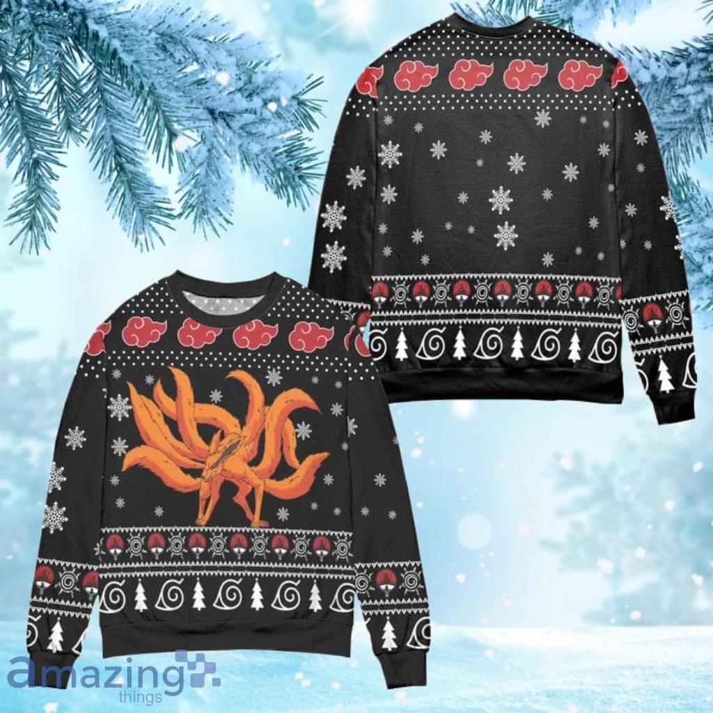 Kurama Naruto Akatsuki Logo Snowflake Ugly Christmas Sweater - Black Product Photo 1