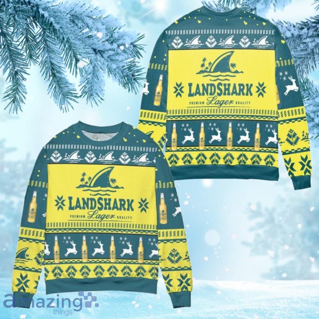 Landshark Lager Beer Logo Reindeer Pattern Ugly Christmas Sweater - Yellow Blue Product Photo 1