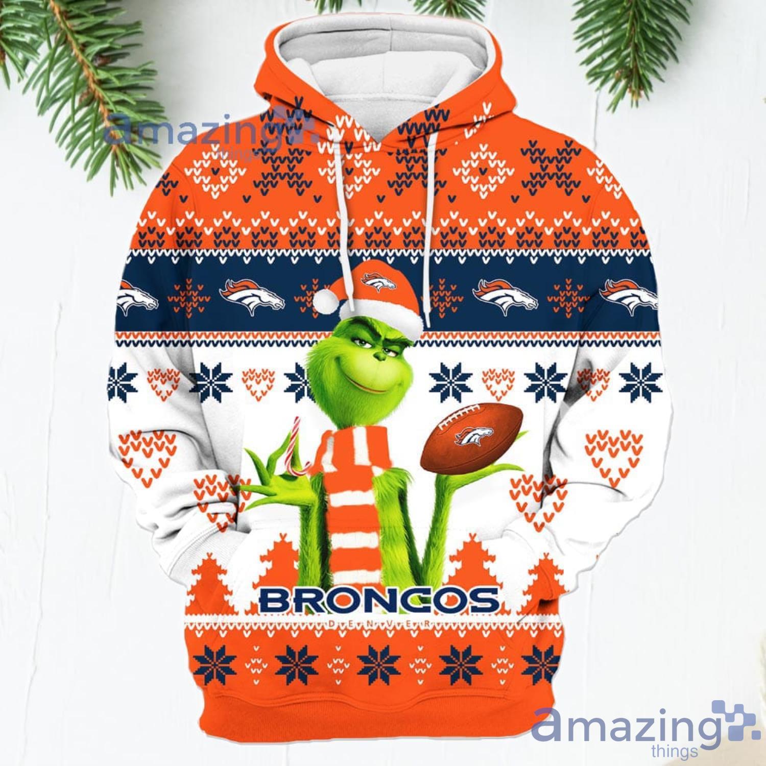 Merry Christmas 2023 Super Bowl American Grinch Cute Broncos 3D Hoodie  Christmas Gift For Men Women