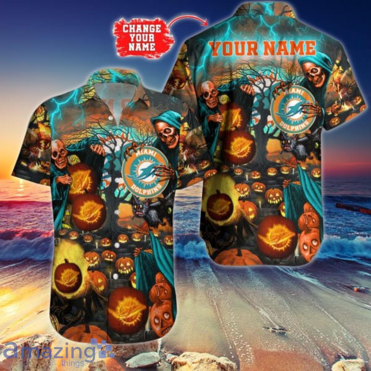 Miami Dolphins NFL Hawaiian Shirt Custom Name Halloween Hot Trending 2023 Product Photo 1