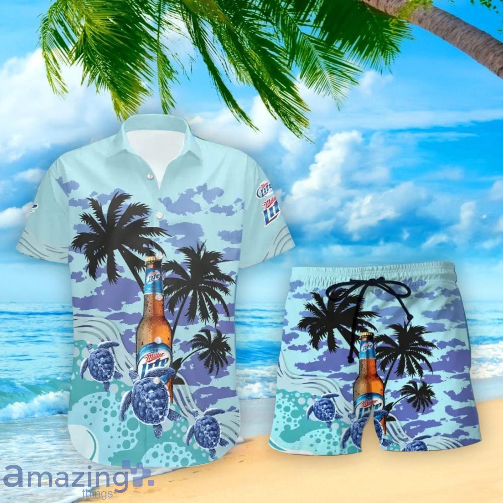 Miller Lite Turtles Palm Tree Hawaiian Shirt And Shorts Custom Name Special Summer Gift image Miller Lite Turtles Palm Tree Hawaiian Shirt And Shorts Custom Name Special Summer Gift Product Photo 2