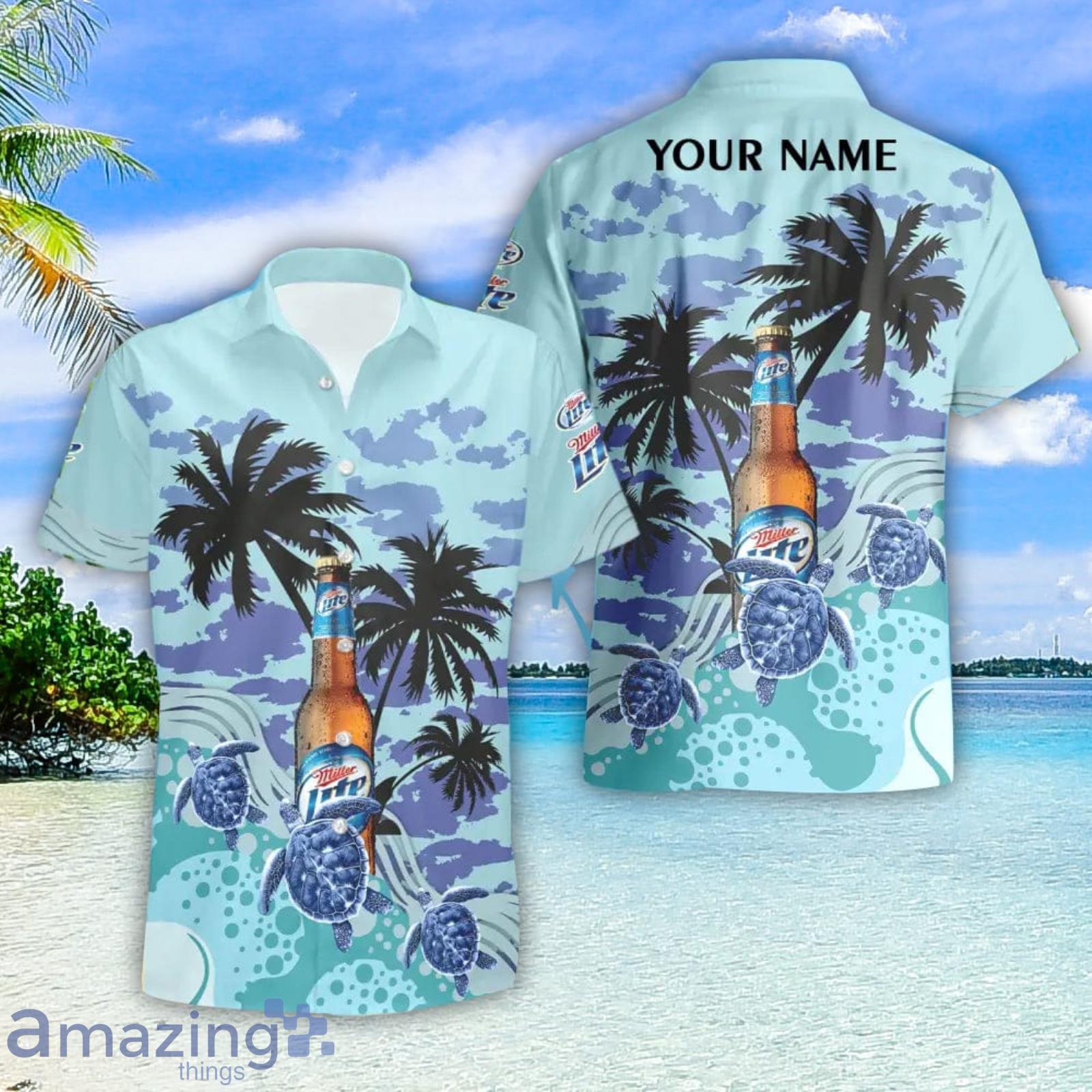 Miller Lite Turtles Palm Tree Hawaiian Shirt And Shorts Custom Name Special Summer Gift Product Photo 1 Miller Lite Turtles Palm Tree Hawaiian Shirt And Shorts Custom Name Special Summer Gift Product Photo 1