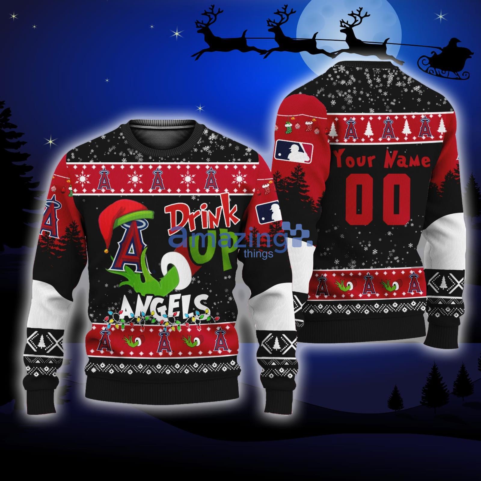 MLB Custom Name And Number Grinch Drink Up Los Angeles Angels Ugly  Christmas Sweaters Christmas Gift For Fans