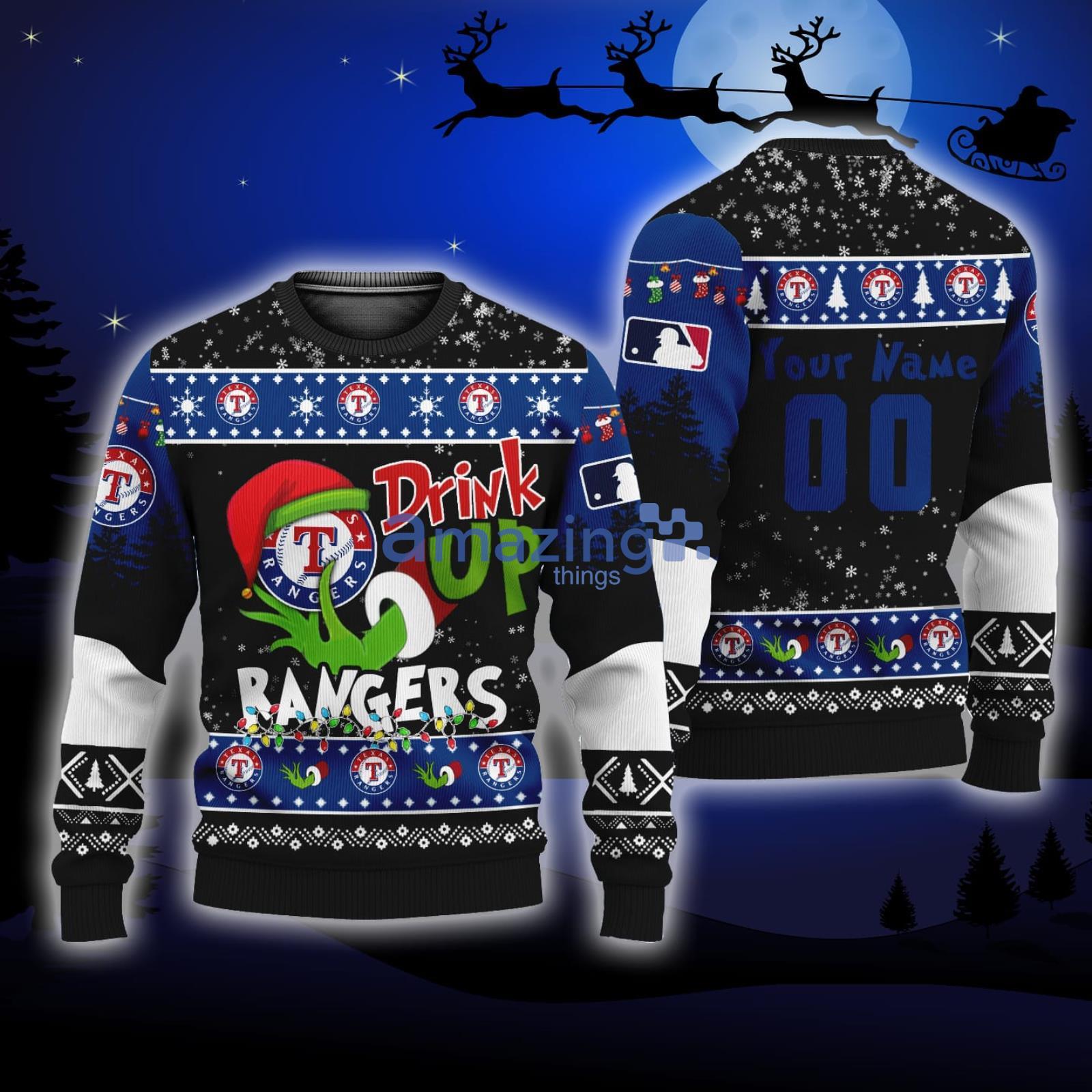 MLB Custom Name And Number Grinch Drink Up Texas Rangers Ugly Christmas Sweaters Christmas Gift For Fans Product Photo 1
