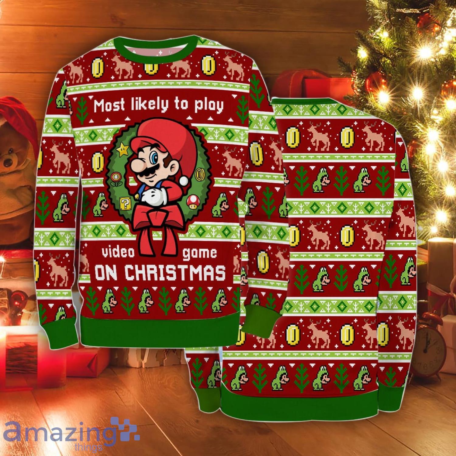 Most Likely To Play Super Game Mario Xmas Ugly Christmas Sweater Christmas Holiday Gift Product Photo 1